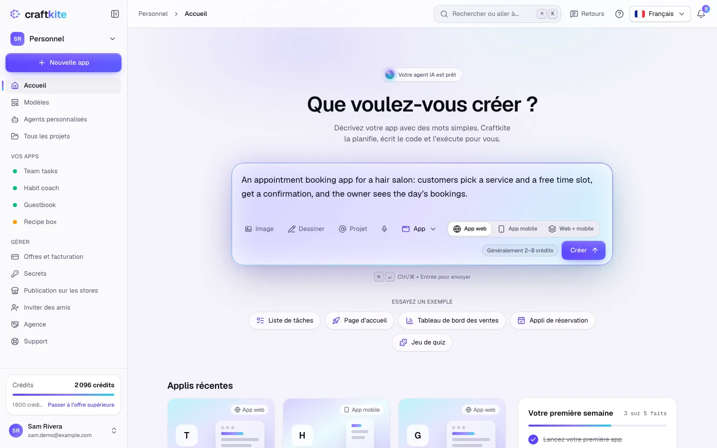 L’écran d’accueil du studio avec une description saisie sous « Que voulez-vous créer ? »