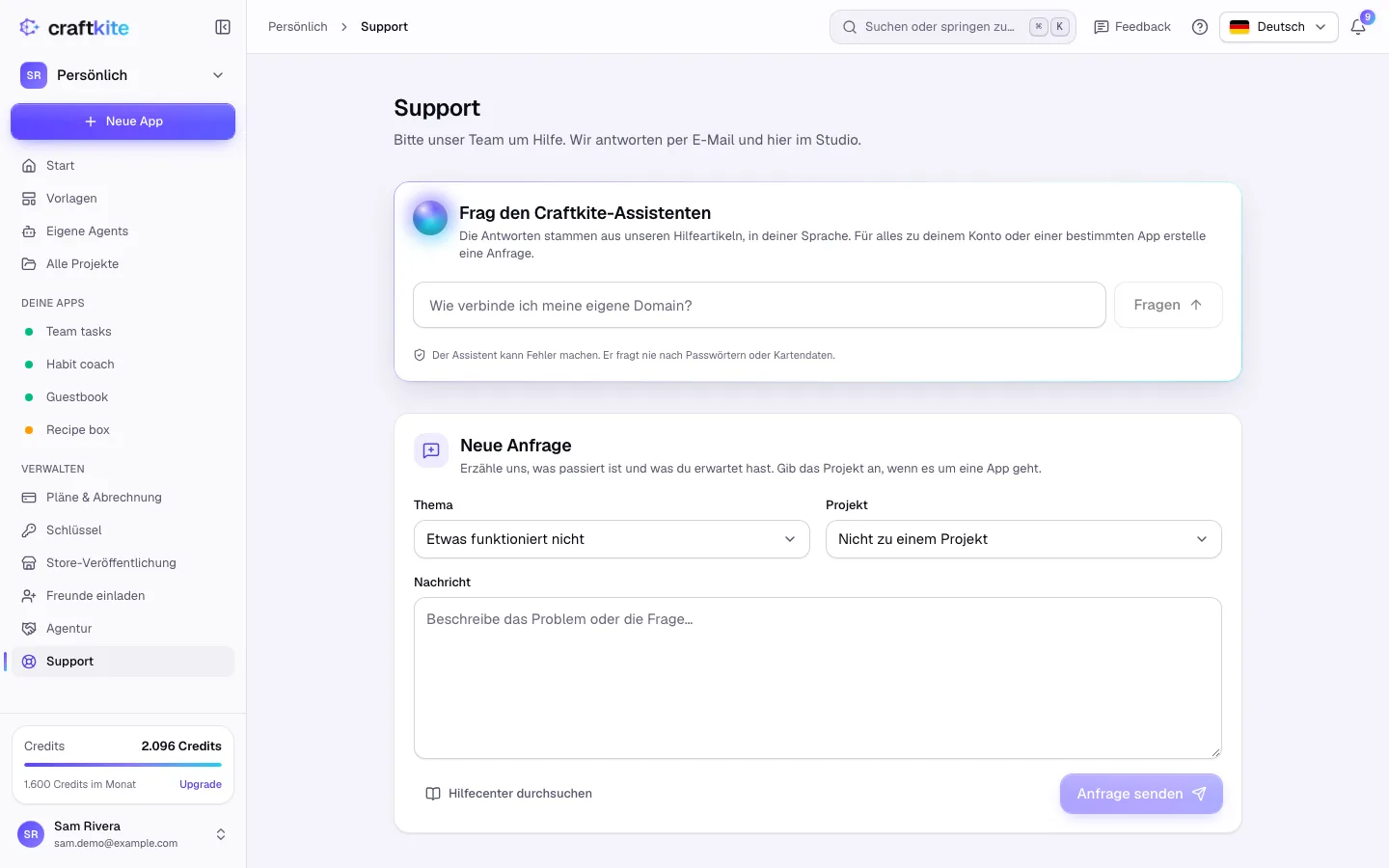 Die Support-Seite mit neuer Anfrage und deinen Anfragen
