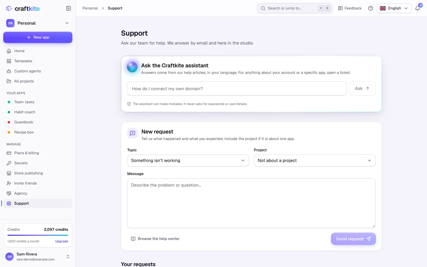 The Support page with a new request and your requests
