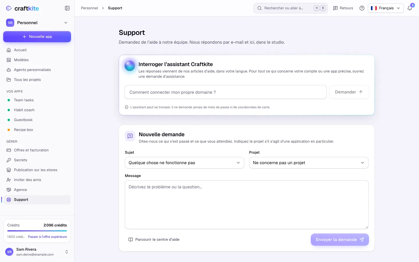 La page Support avec une nouvelle demande et vos demandes