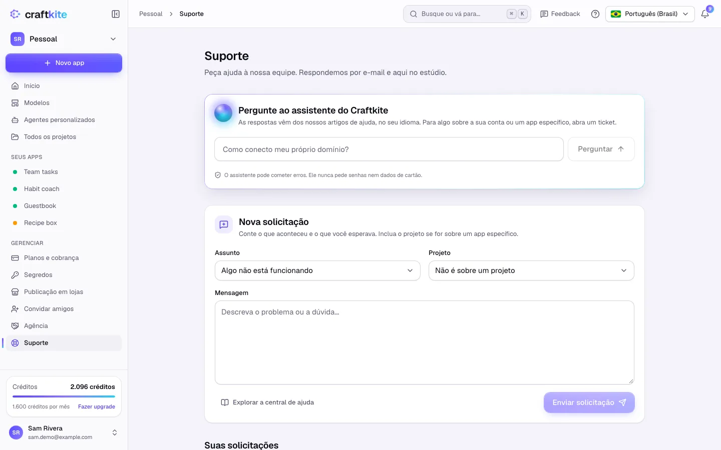 A página Suporte com uma nova solicitação e suas solicitações