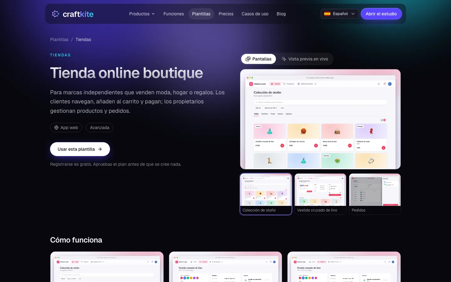 Una página de plantilla con sus pantallas y el selector de vista previa en vivo