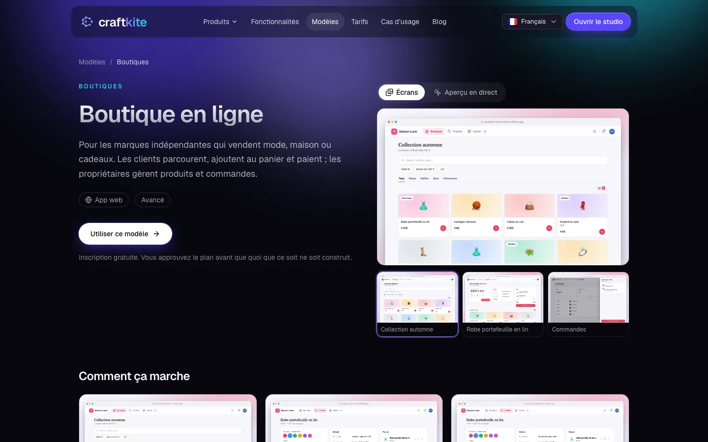 Une page de modèle avec ses écrans et le bouton d’aperçu en direct