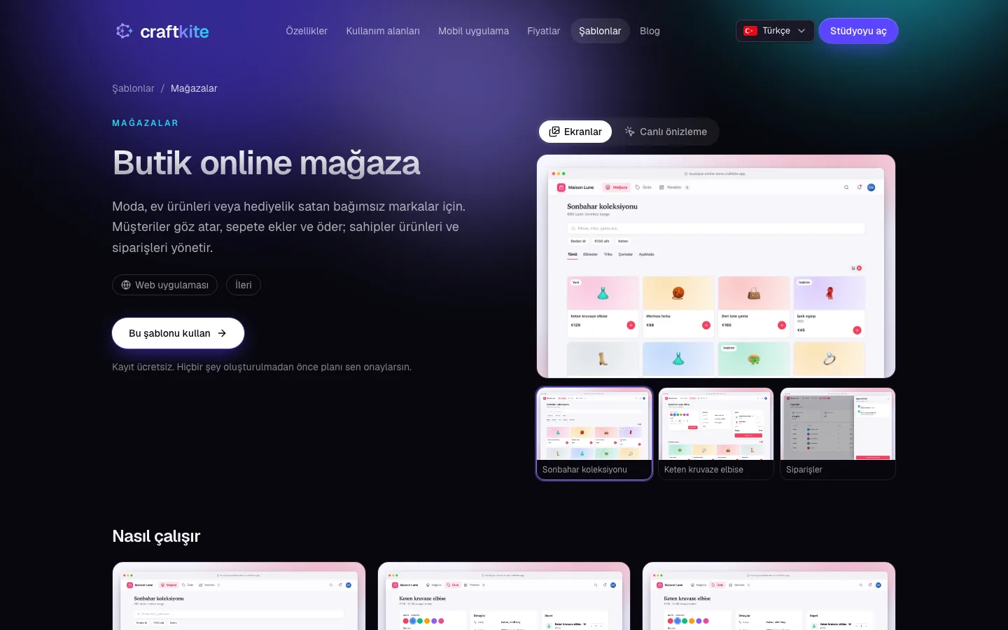 Ekranları ve Canlı önizleme seçeneğiyle bir şablon sayfası