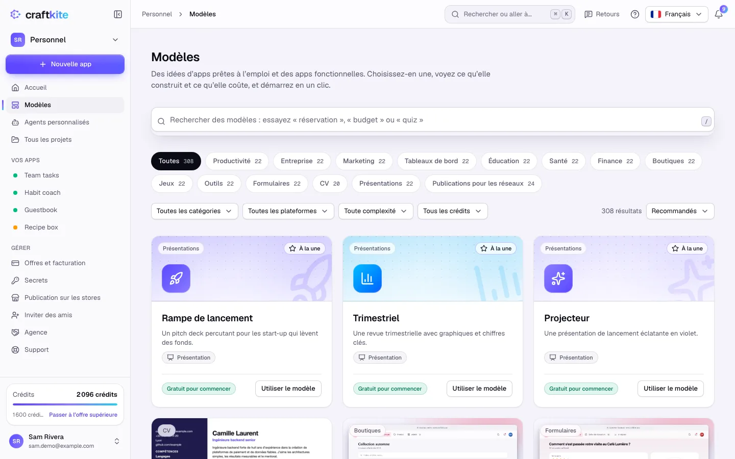La galerie de modèles avec recherche, catégories et filtres