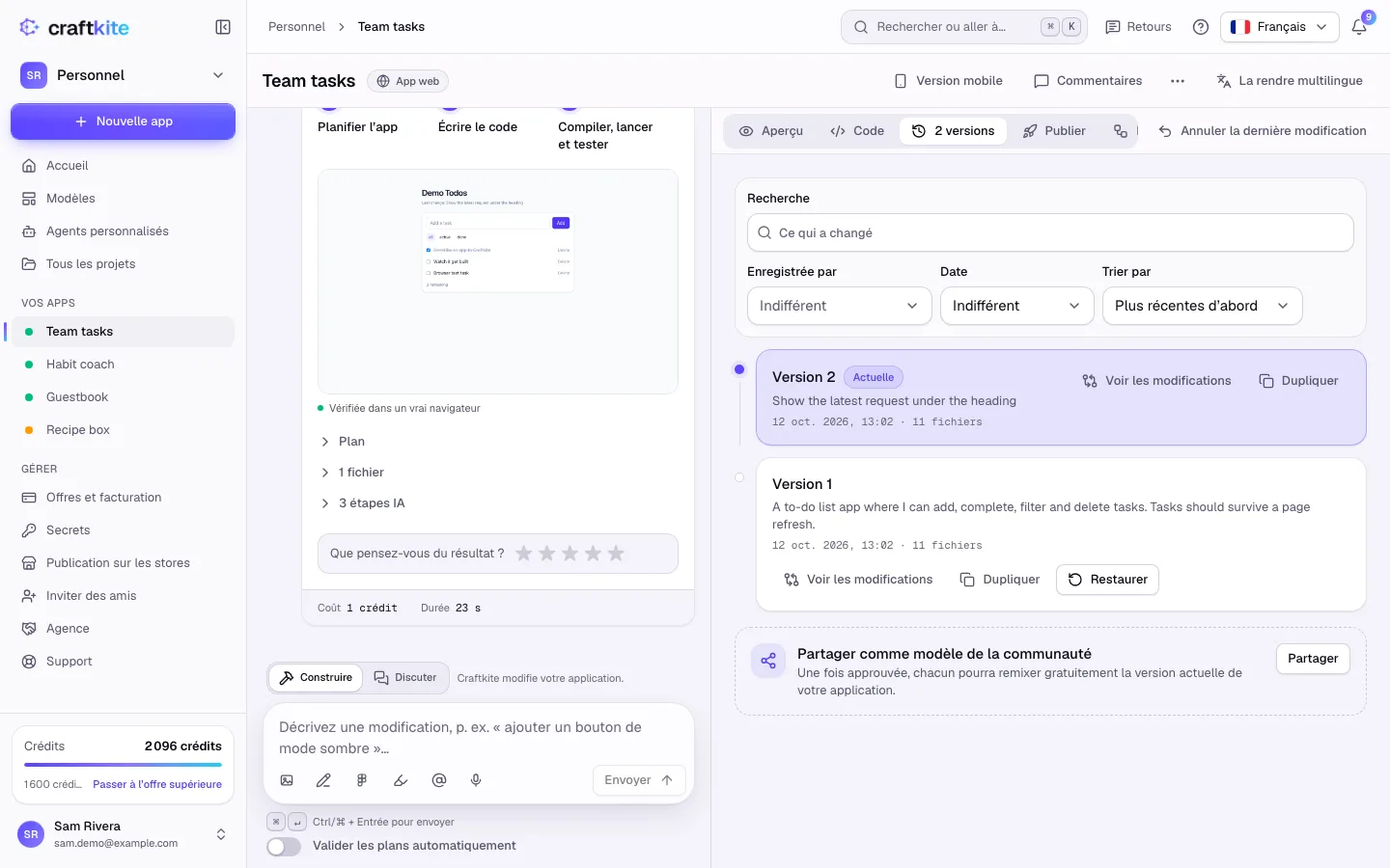 L’onglet Versions avec deux versions, Restaurer et Voir les modifications