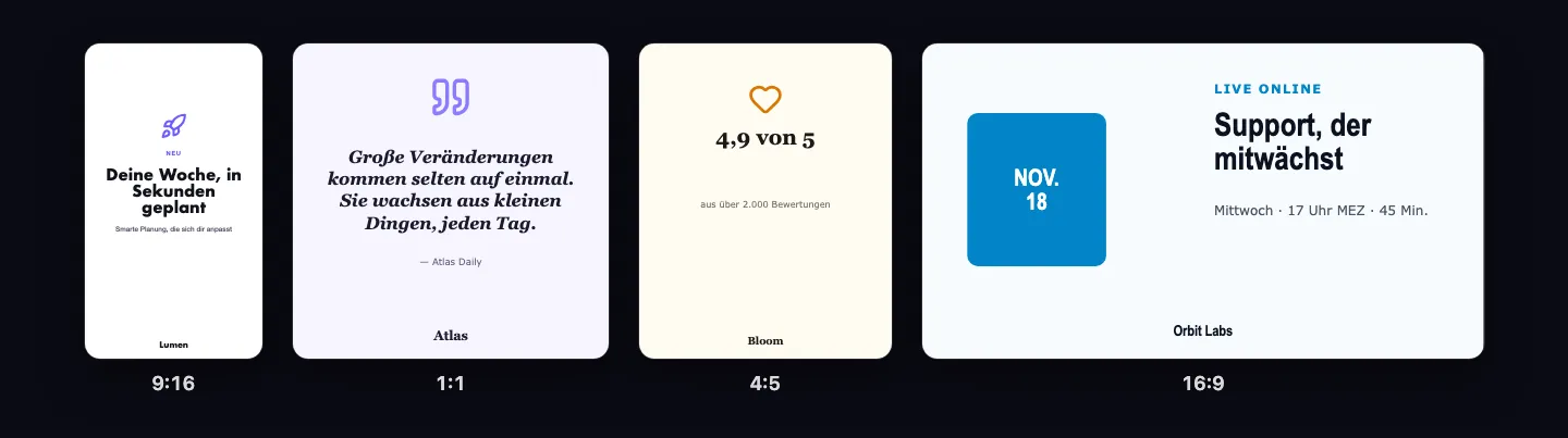 Vier Video-Posts im Hoch-, Quadrat-, Porträt- und Querformat
