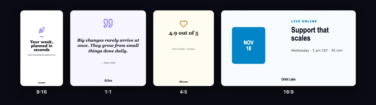 Four video posts in vertical, square, portrait and landscape format