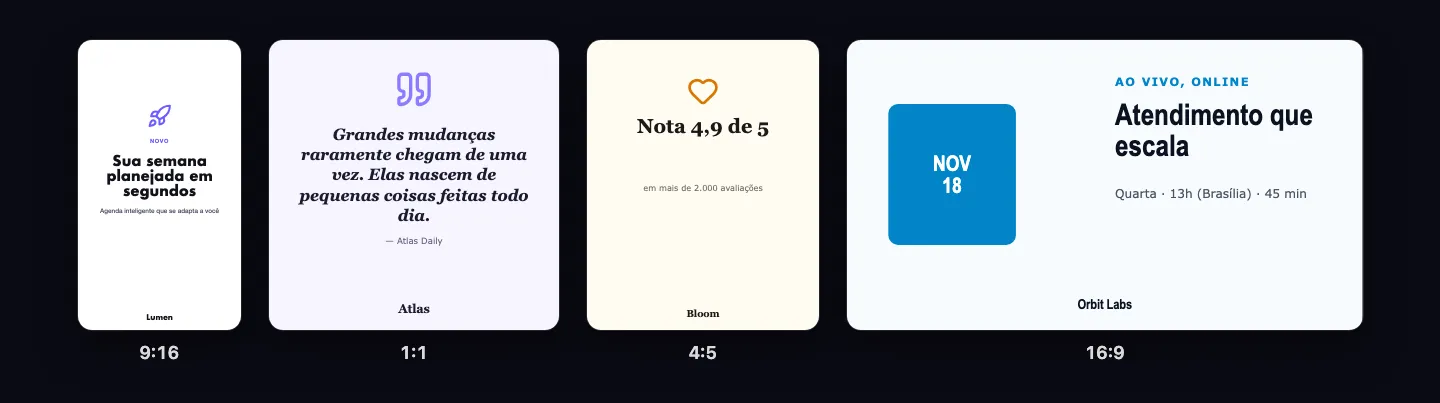 Quatro posts em vídeo nos formatos vertical, quadrado, retrato e paisagem