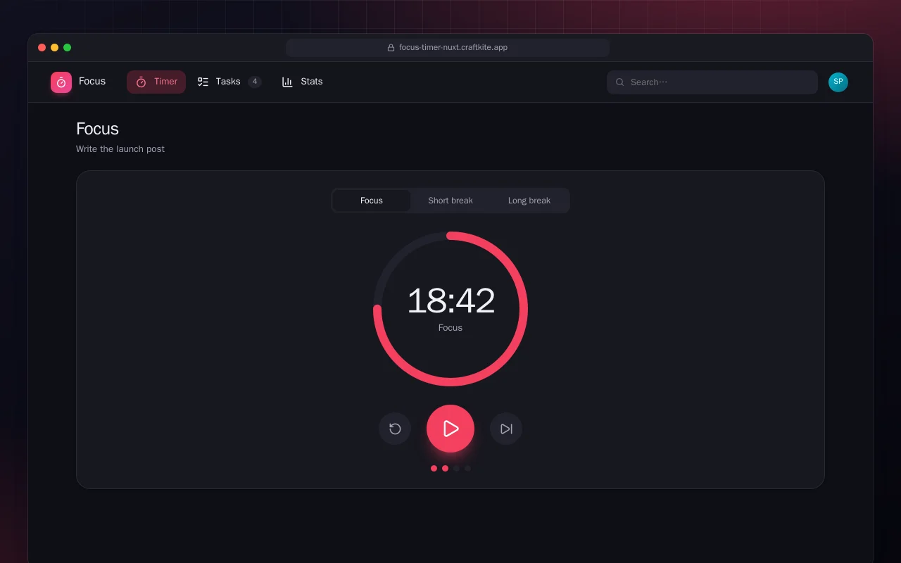Focus Timer (Nuxt): the Focus screen