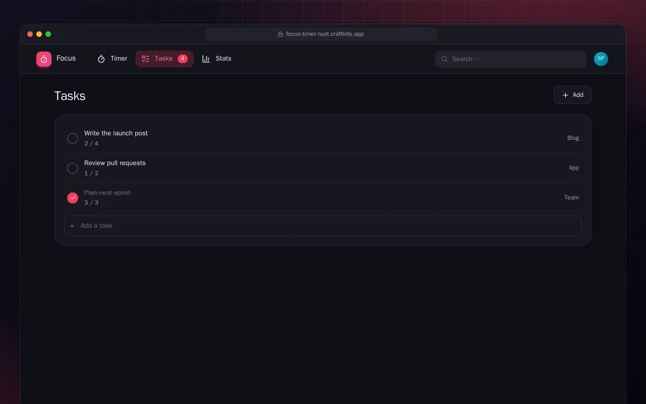 Focus Timer (Nuxt): the Tasks screen