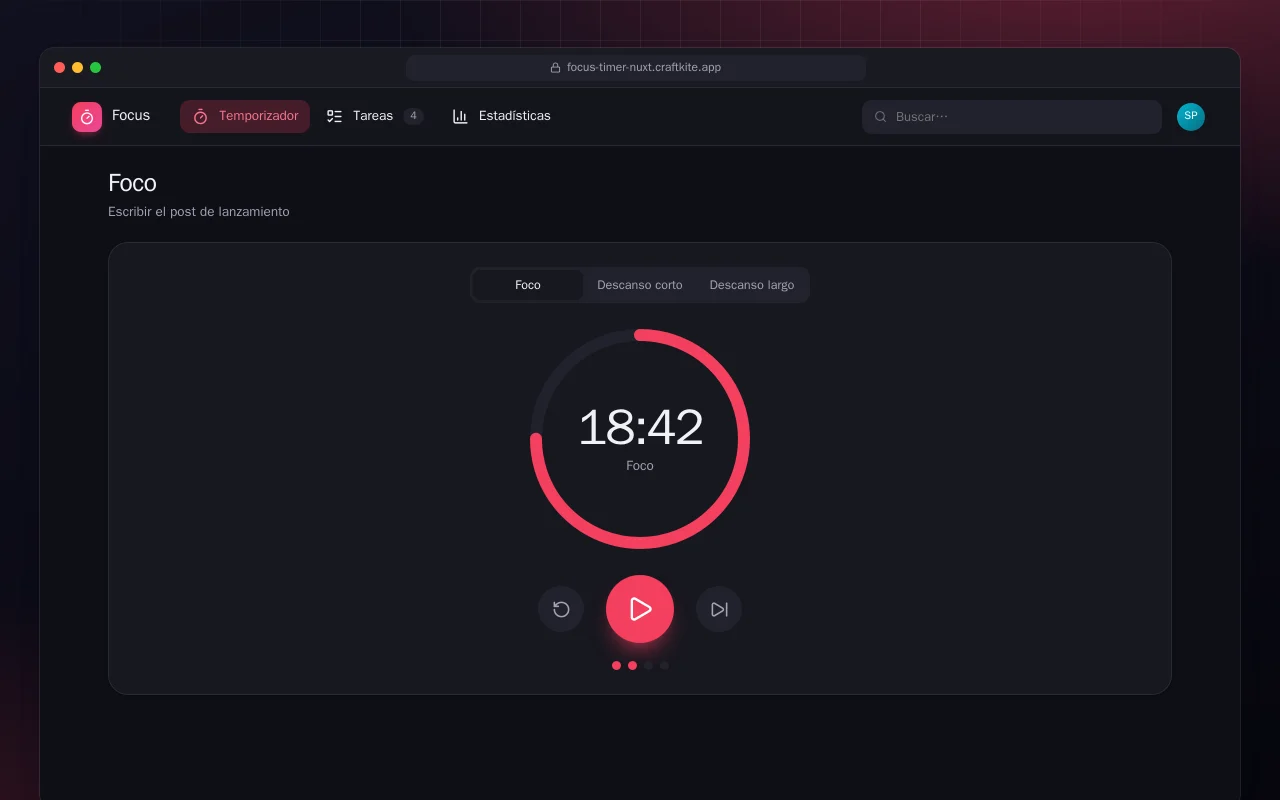 Temporizador de concentración (Nuxt): la pantalla Foco