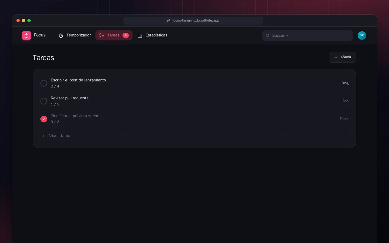 Temporizador de concentración (Nuxt): la pantalla Tareas