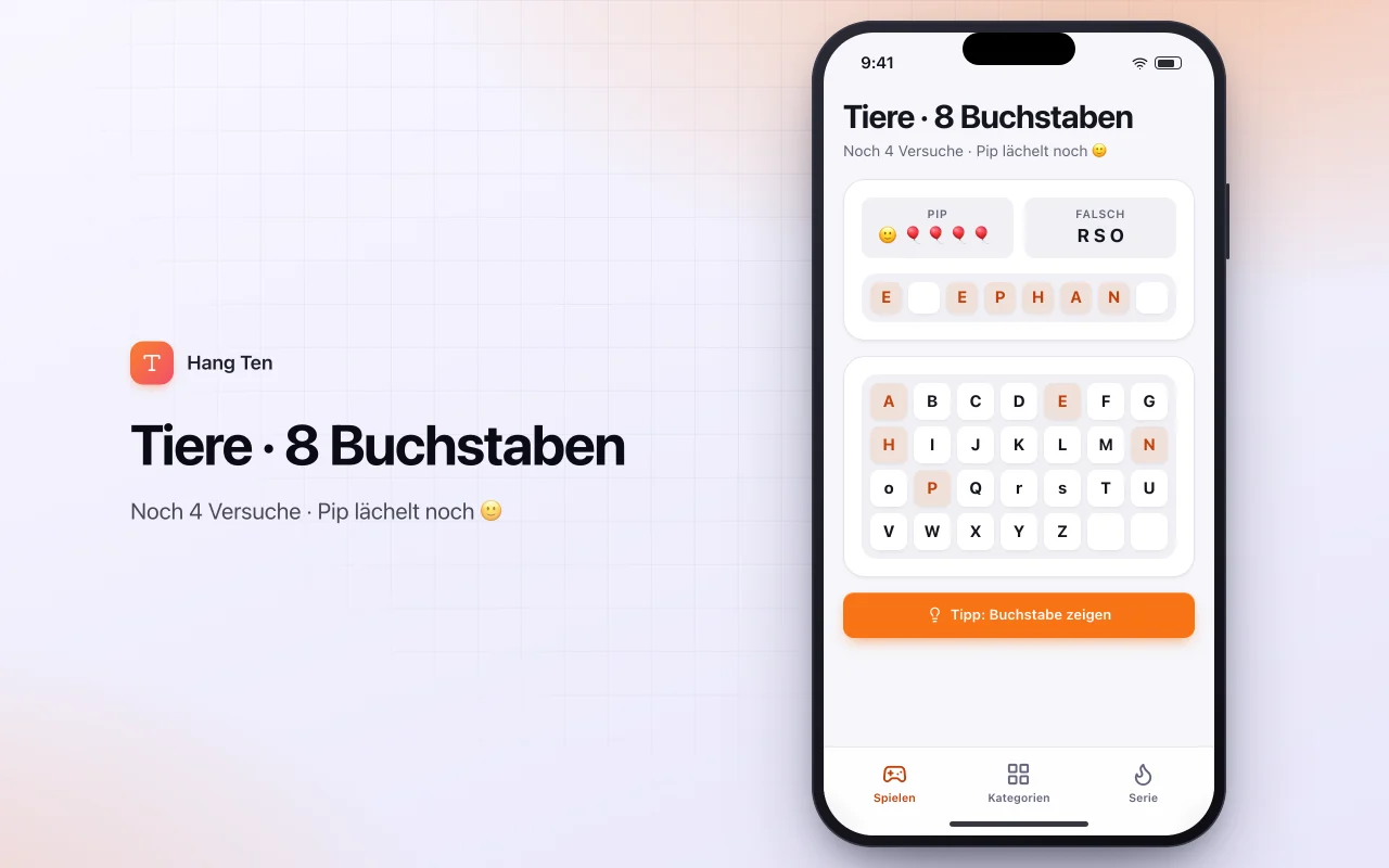 Galgenmännchen nach Kategorie: der Bildschirm „Tiere · 8 Buchstaben“