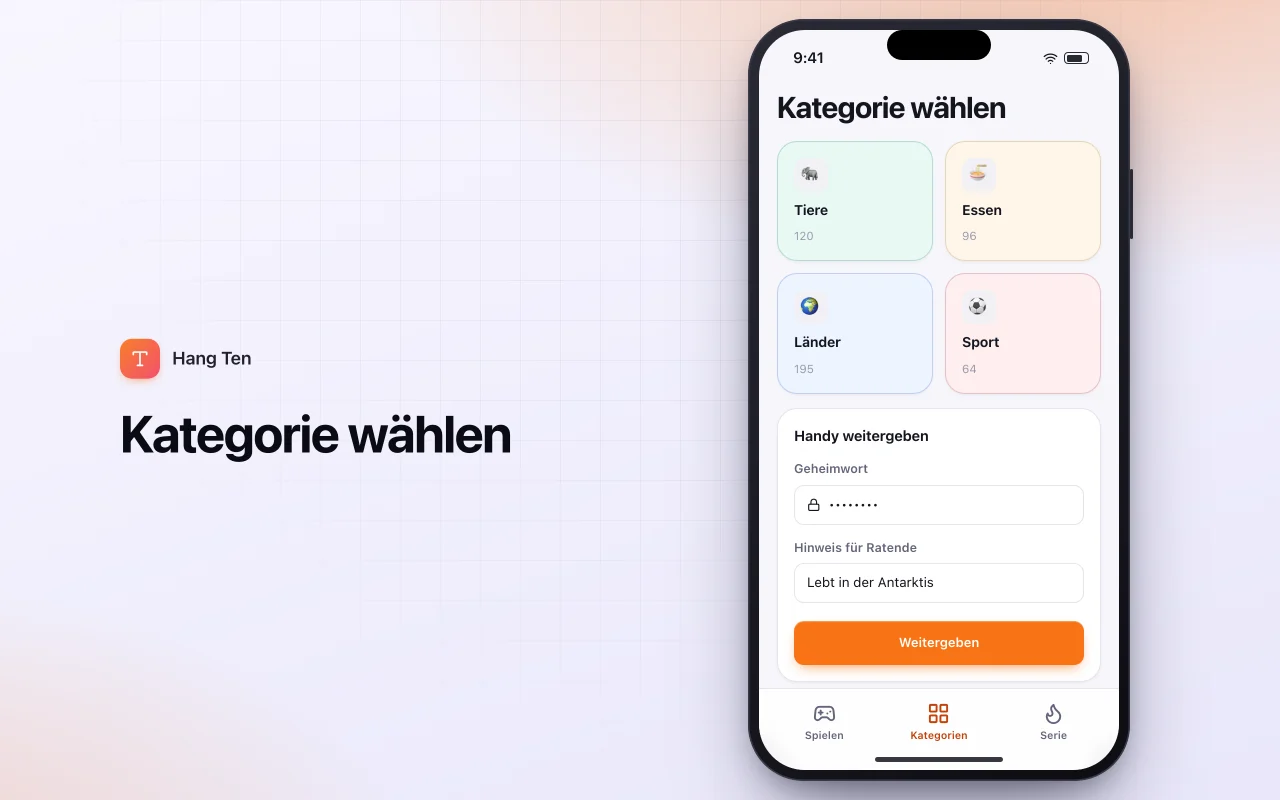 Galgenmännchen nach Kategorie: der Bildschirm „Kategorie wählen“