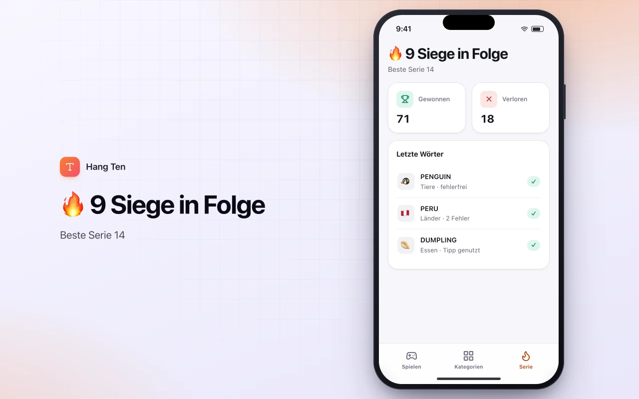 Galgenmännchen nach Kategorie: der Bildschirm „🔥 9 Siege in Folge“