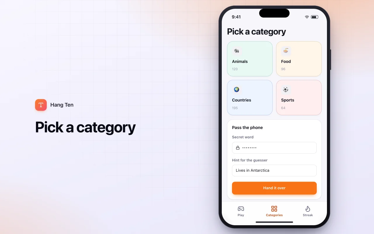 Hangman by category: the Pick a category screen