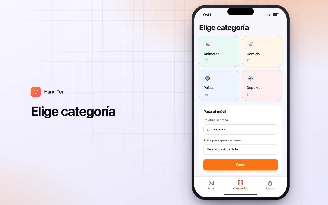 Ahorcado por categorías: la pantalla Elige categoría