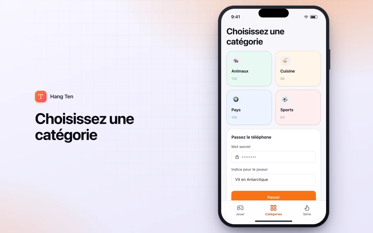 Pendu par catégorie : l’écran Choisissez une catégorie