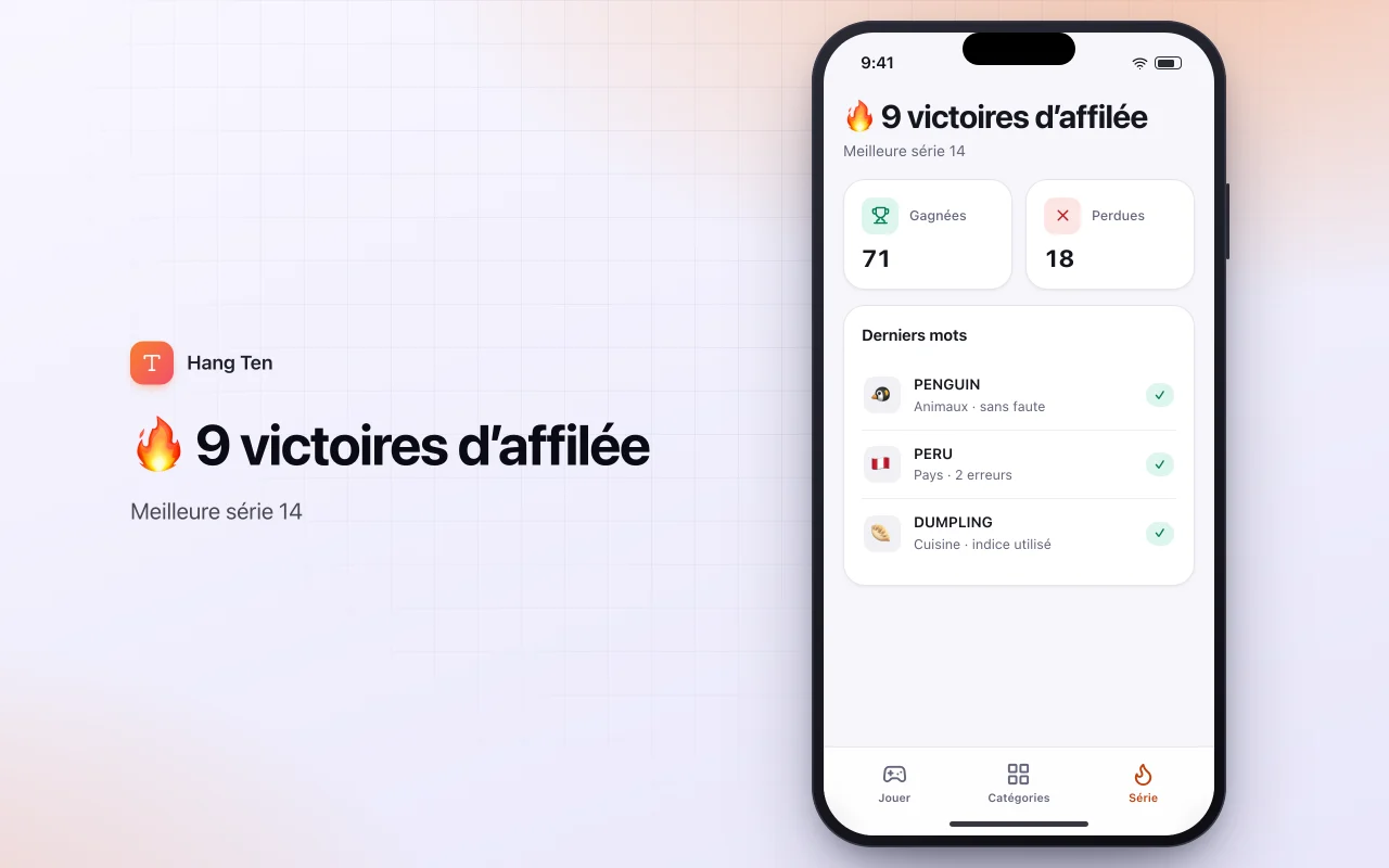 Pendu par catégorie : l’écran 🔥 9 victoires d’affilée