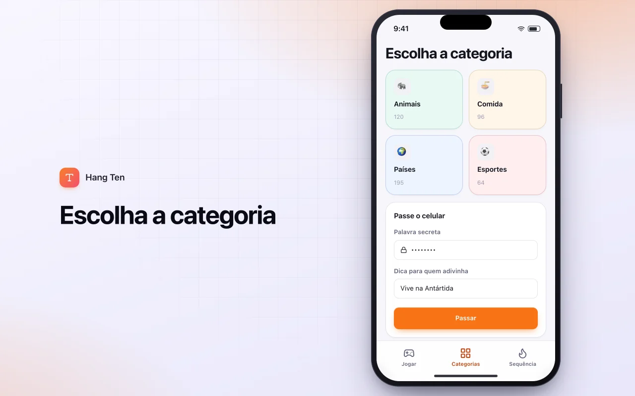 Jogo da forca por categoria: a tela Escolha a categoria
