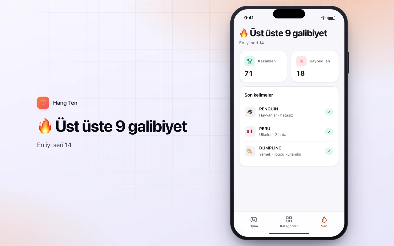 Kategorili adam asmaca: 🔥 Üst üste 9 galibiyet ekranı