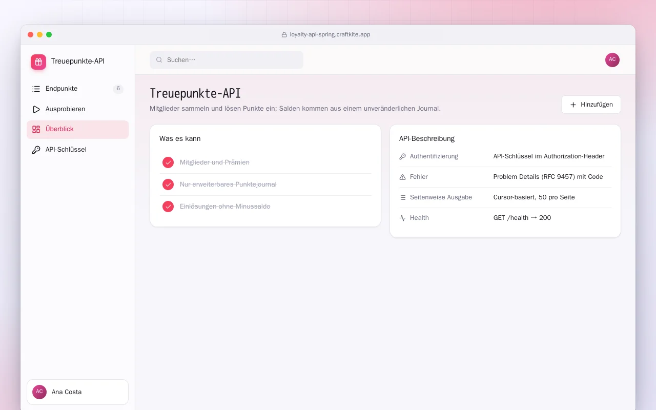 Treuepunkte-API (Spring Boot): der Bildschirm „Treuepunkte-API“