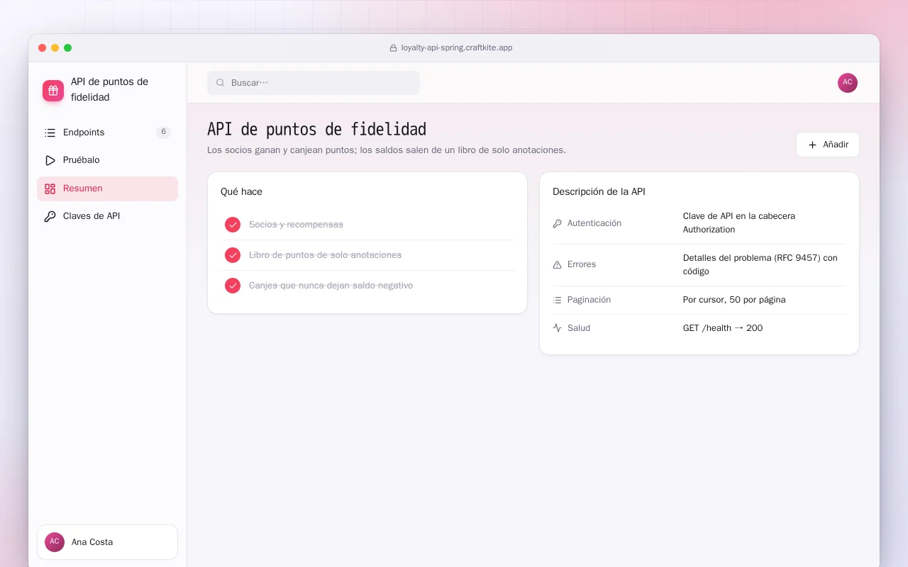 API de puntos de fidelidad (Spring Boot): la pantalla API de puntos de fidelidad