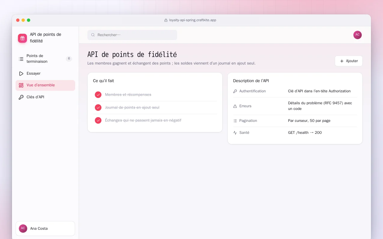 API de points de fidélité (Spring Boot) : l’écran API de points de fidélité