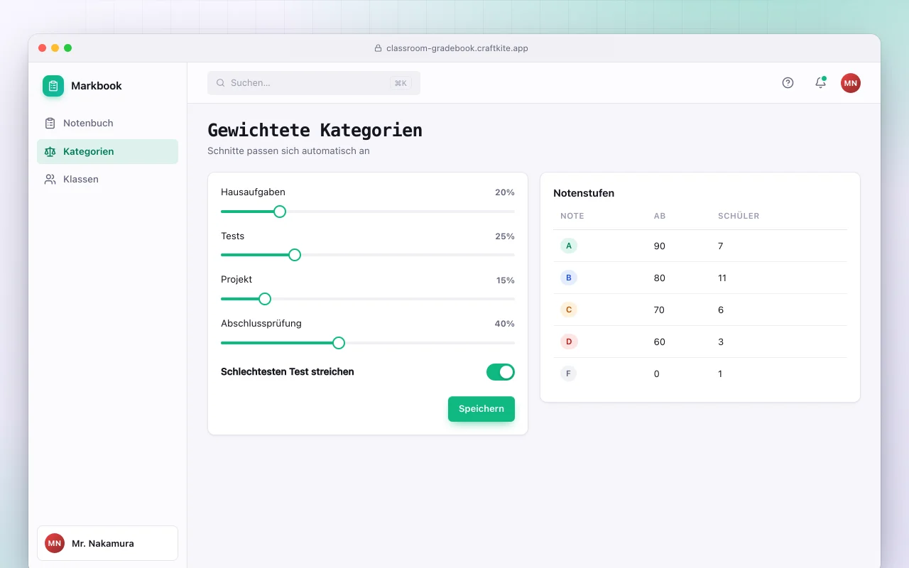 Klassen-Notenbuch: der Bildschirm „Gewichtete Kategorien“
