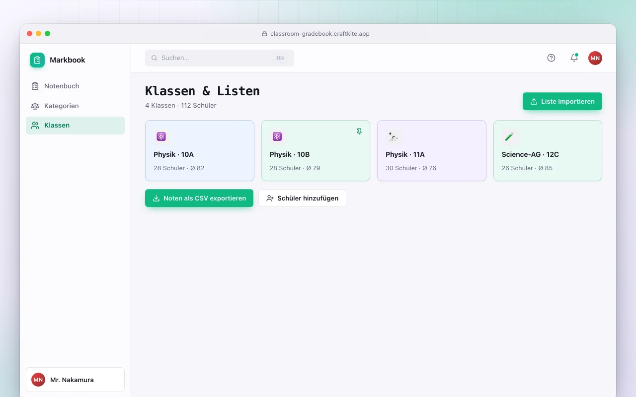 Klassen-Notenbuch: der Bildschirm „Klassen & Listen“