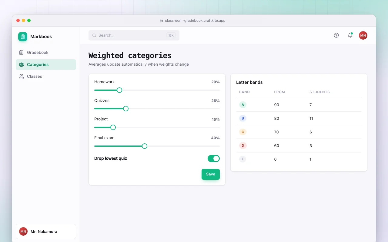 Classroom gradebook: the Weighted categories screen