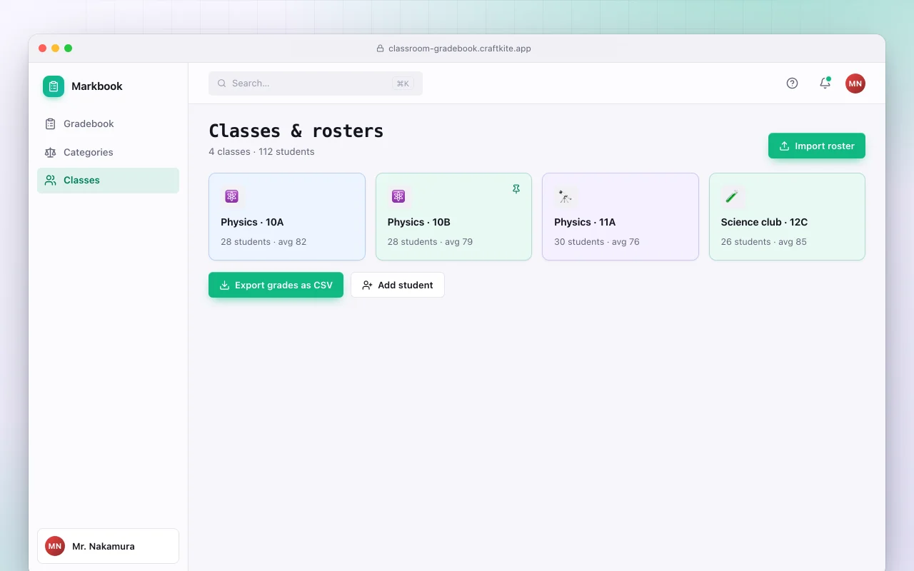 Classroom gradebook: the Classes & rosters screen