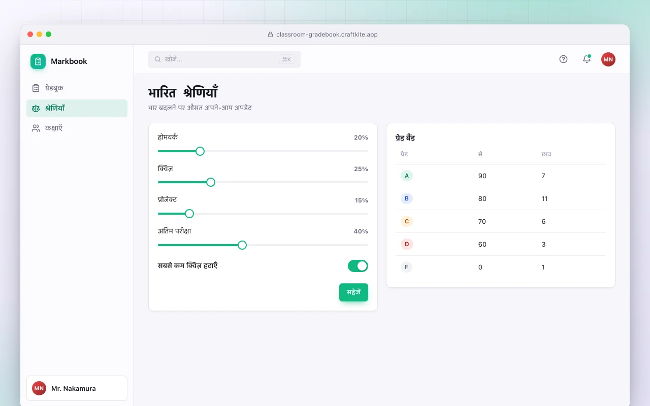 क्लासरूम ग्रेडबुक: भारित श्रेणियाँ स्क्रीन