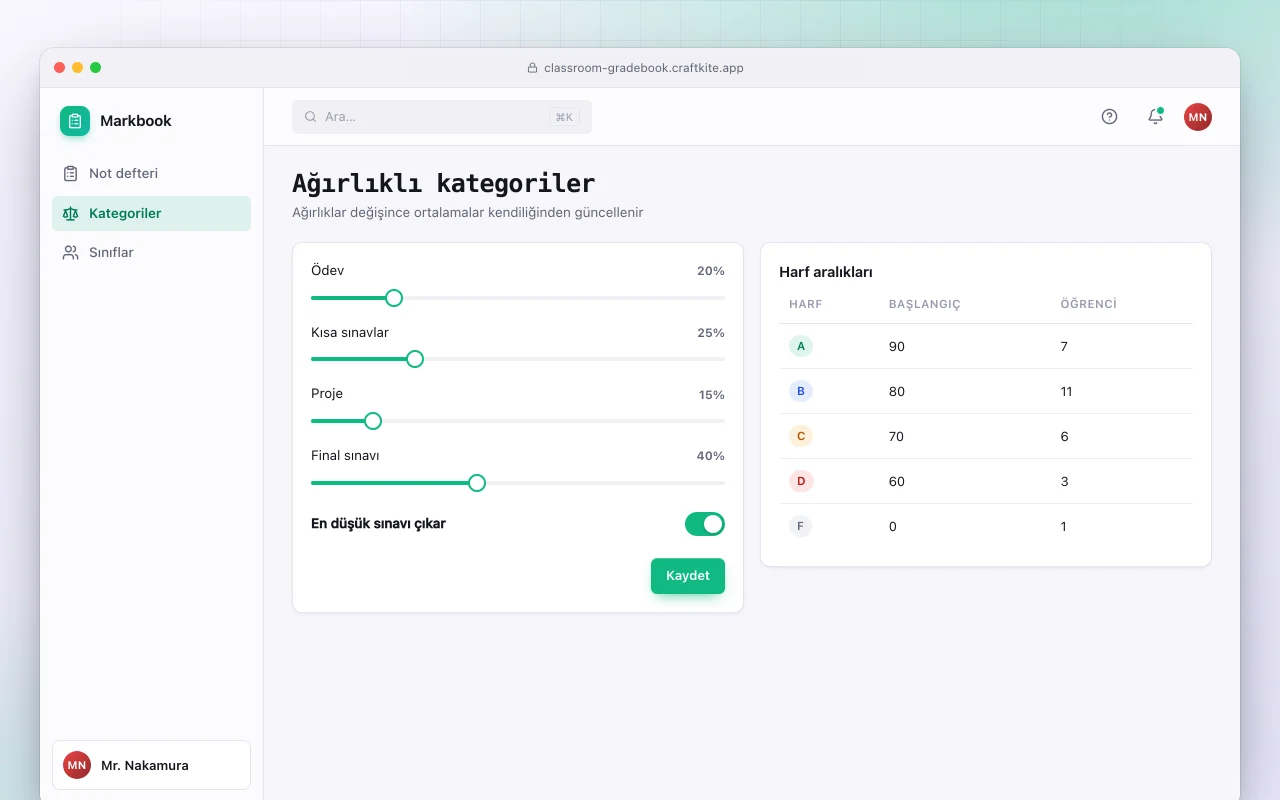 Sınıf not defteri: Ağırlıklı kategoriler ekranı