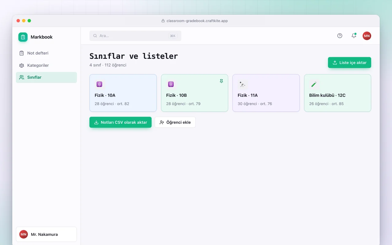 Sınıf not defteri: Sınıflar ve listeler ekranı