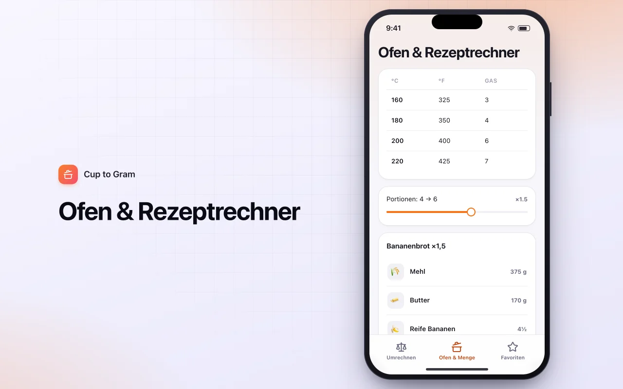 Küchenmaß-Umrechner: der Bildschirm „Ofen & Rezeptrechner“