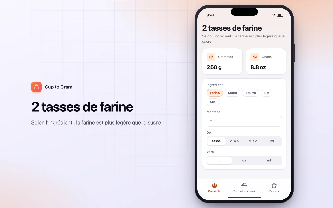 Convertisseur de mesures de cuisine : l’écran 2 tasses de farine