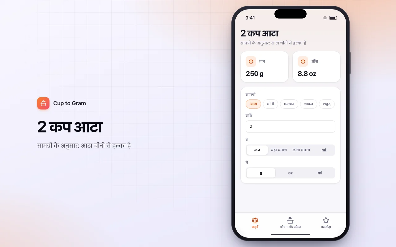 किचन माप कन्वर्टर: 2 कप आटा स्क्रीन