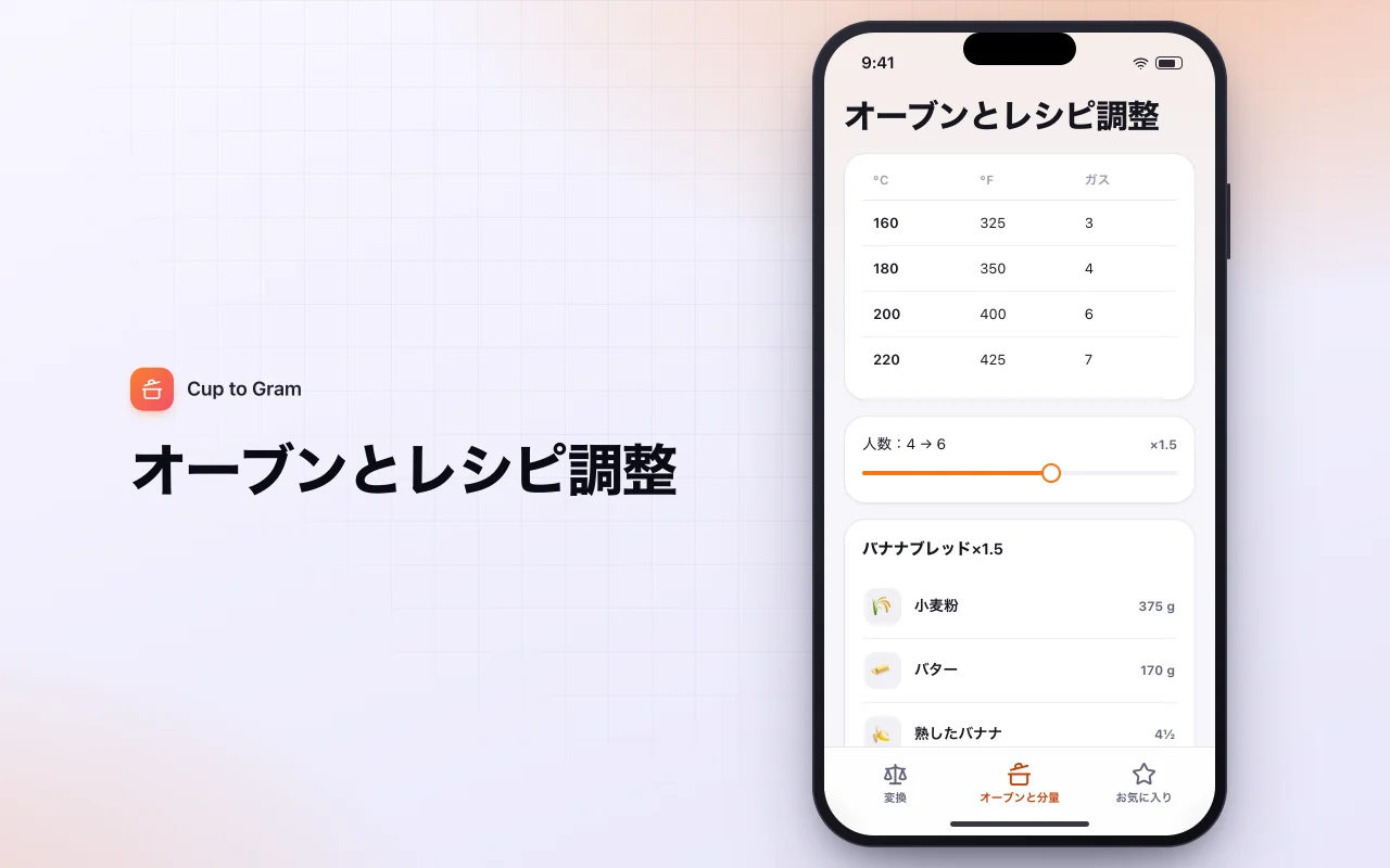 キッチン計量換算：オーブンとレシピ調整画面