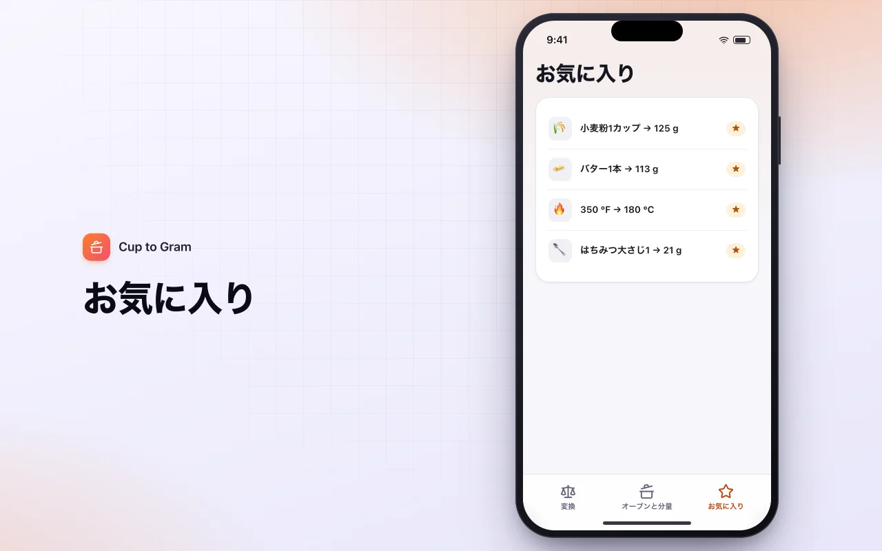 キッチン計量換算：お気に入り画面