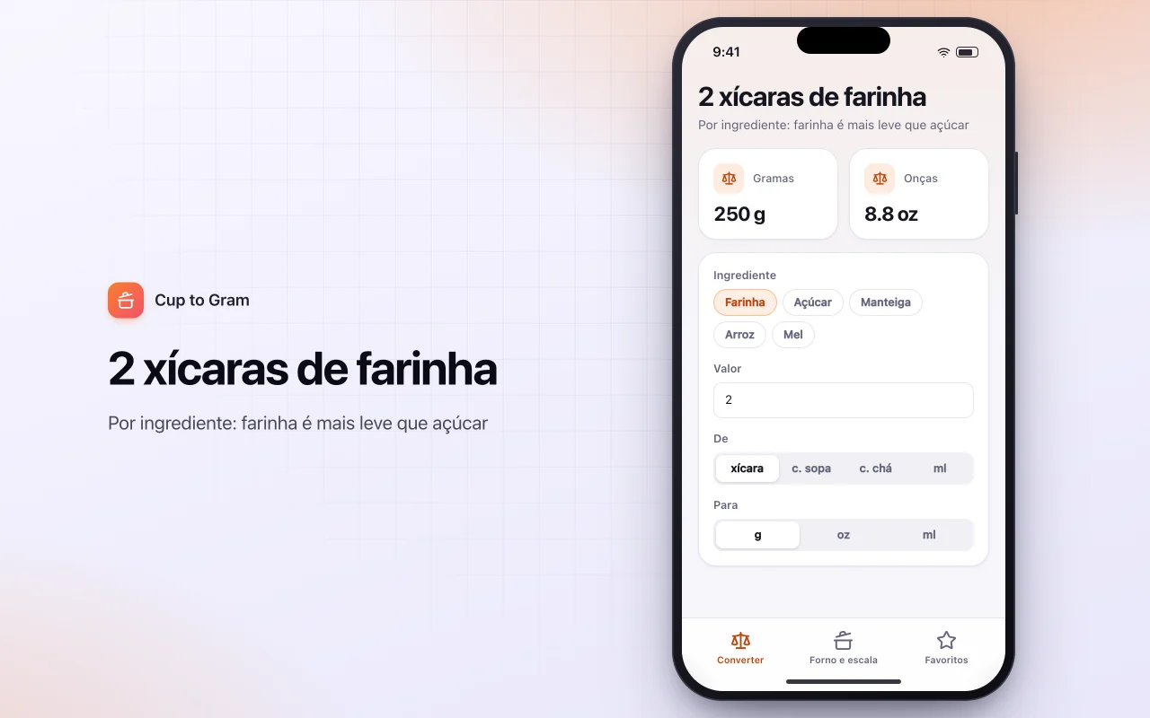 Conversor de medidas de cozinha: a tela 2 xícaras de farinha