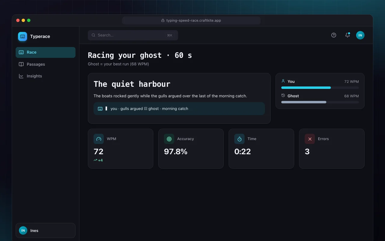 Typing speed race: the Racing your ghost · 60 s screen