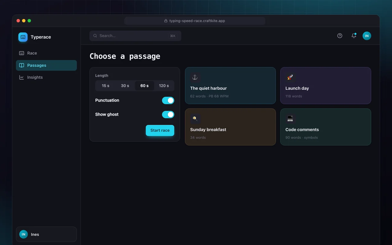 Typing speed race: the Choose a passage screen