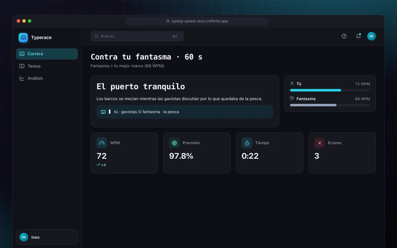 Carrera de mecanografía: la pantalla Contra tu fantasma · 60 s