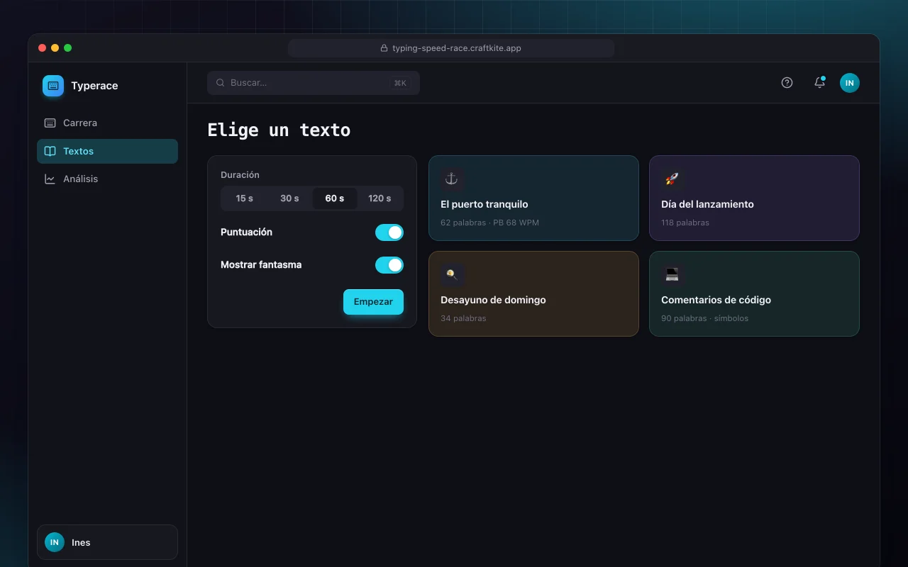 Carrera de mecanografía: la pantalla Elige un texto