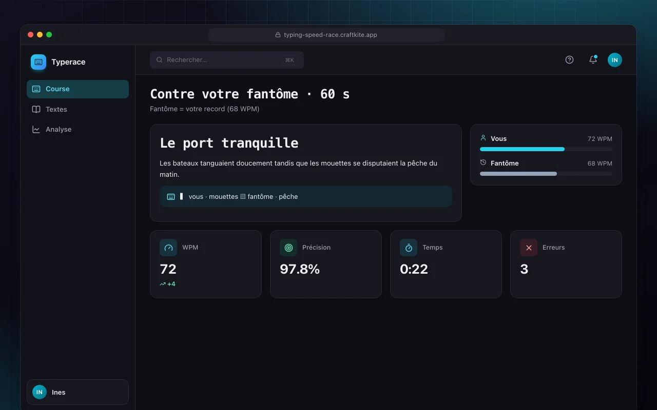 Course de vitesse de frappe : l’écran Contre votre fantôme · 60 s