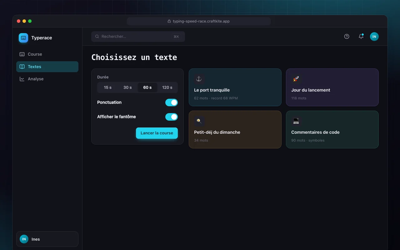 Course de vitesse de frappe : l’écran Choisissez un texte