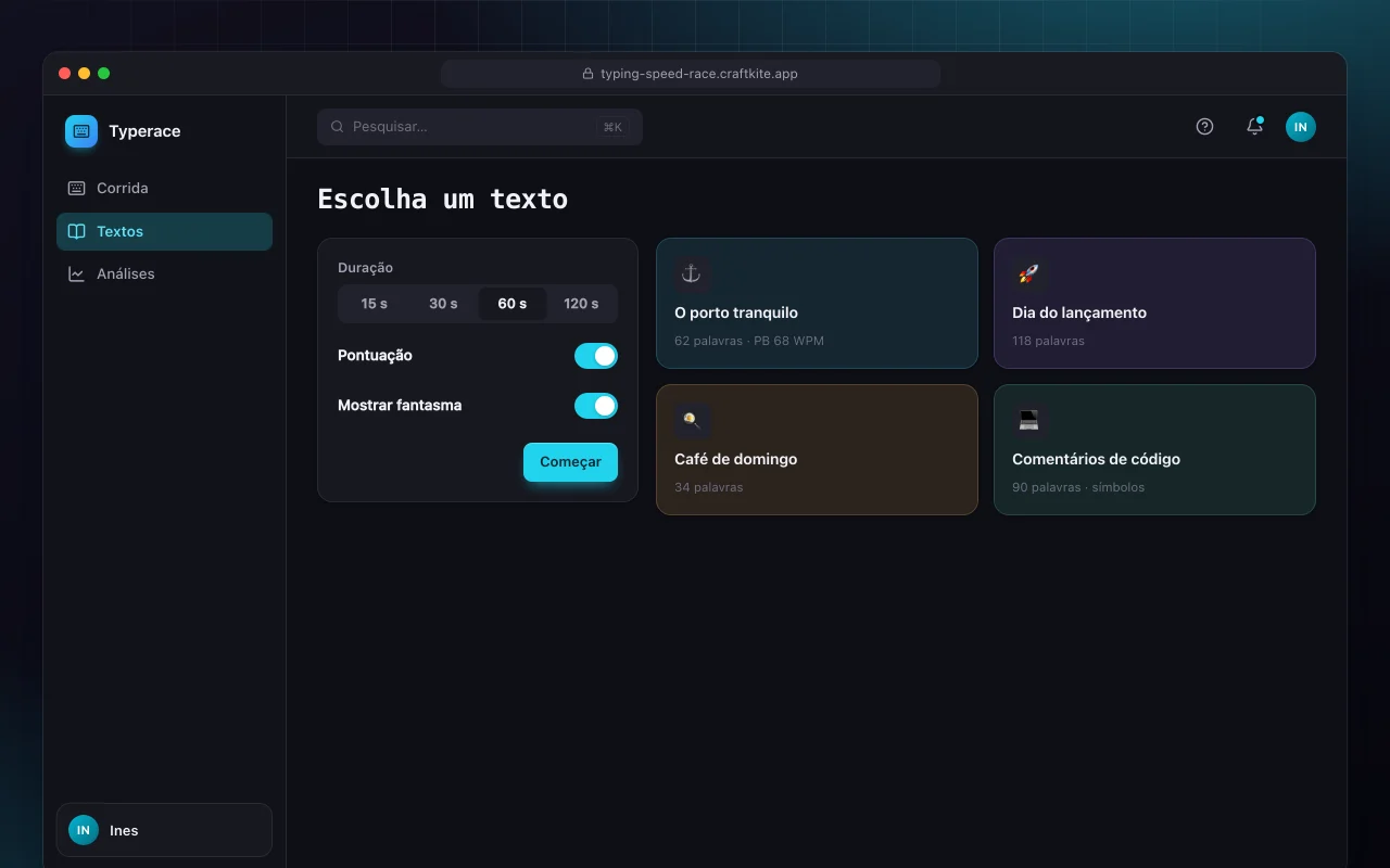 Corrida de digitação: a tela Escolha um texto