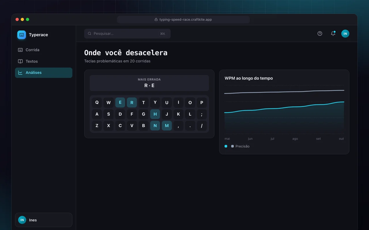 Corrida de digitação: a tela Onde você desacelera